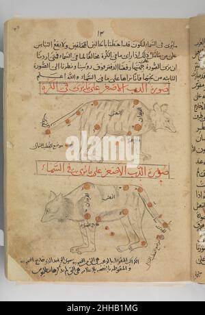 Kitab suwar al-kawakib al-thabita (Buch der Bilder der Fixsterne) von al-Sufi Ende des 15th. Jahrhunderts `Abd al-Rahman al-Sufi Persian Dieses Buch, das auf dem Almagest des griechischen Astronomen Ptolemäus basiert, betrifft die vierzig‑acht Konstellationen, die als Fixsterne bekannt sind, Die nach der mittelalterlichen Vorstellung des Universums die achte der neun Sphären, die die Erde umgaben, bewohnte. Die Konstellationen erscheinen jeweils zweimal im Spiegelbild, dargestellt wie von der Erde und vom Himmel aus beobachtet. Kitab suwar al-kawakib al-thabita (Buch der Bilder der Fixsterne) von al-Sufi 446297 Stockfoto